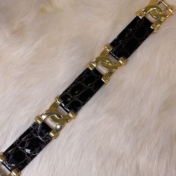 Vintage Burberry Black Leather Silver and Gold Link Bracelet Stamped - Picture 5 of 13